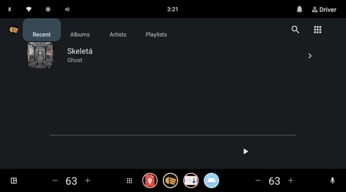 The generic Android Automotive media screen showing Lowbeam's Recent tab in landscape, with one album listed and the car's climate bar below.