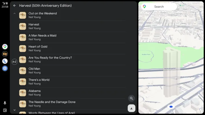 Lowbeam's track list for Harvest by Neil Young on the left of an Android Auto display, each row with cover art, title and artist, and the map beside it.