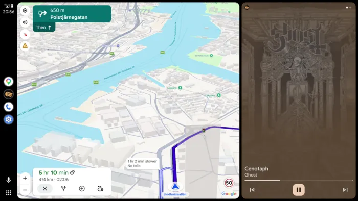 An Android Auto screen with Google Maps navigating on the left and Lowbeam's playback card on the right, playing Cenotaph by Ghost over the album art.