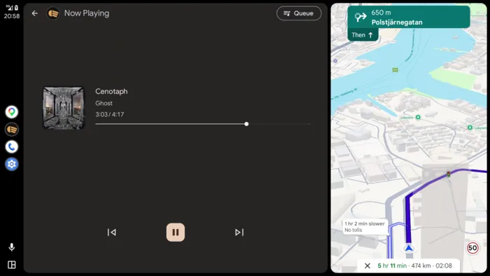 Lowbeam's now-playing screen filling the left of an Android Auto display, with cover art, Cenotaph by Ghost, a scrub bar and transport controls, and the map beside it.