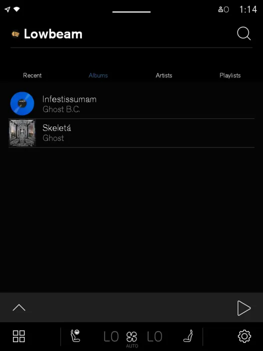 The XC40 media screen titled Lowbeam, with Recent, Albums, Artists and Playlists tabs and two albums listed under Albums.
