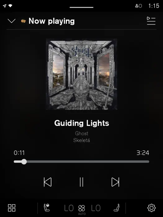 The XC40 now-playing screen showing Guiding Lights by Ghost from the album Skeleta, with cover art, a scrub bar at 0:11 of 3:24 and transport controls.