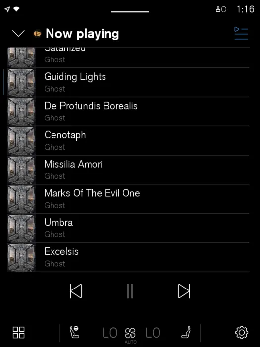 The XC40 play queue listing the remaining tracks of Skeleta by Ghost, with the current track marked.